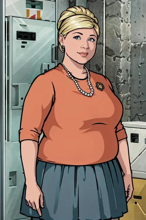 pama, 1girl, jewelry, blonde hair, solo,plump, single hair bun,breasts, lips, blue eyes, looking at viewer, shirt,skirt,looking at viewer, smile, <lora:Pam(archer)1.0:0.8>