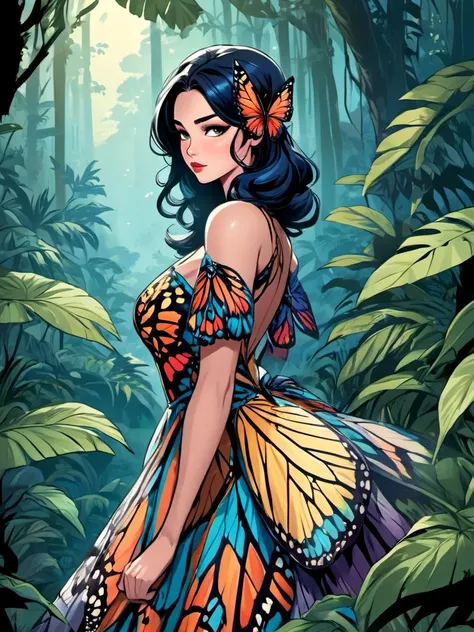 Beautiful dark haired woman covered entirely by millions of Monarch orange black and red butterflies like a second skin a gossamer dress that is almost part of her, covered in butterflies, as if they are coming out of her chest her heart, dappled sun beams through the pine fir forest, hyperdetailed, 64k resolution, Kodak resampled film grain,(((naturally interacting with the environment:1.5))),(((seamless:1.5))),((strong environmental light)),((hard shadows)),(merge realms of the extreme punk in a tapestry of dualities),enigmatic beings with ethereal silhouettes,digital dreamscape.Illuminate the scene with the pulse of a celestial bloom,(casting hues that bridge both cosmic and cybernetic realms).(Blend brushstrokes harmoniously),fusing elements of traditional artistry with glitched fragments of a pixelated mosaic.Embrace asymmetry,where the organic and the synthetic collide in a dynamic composition.(Infuse a shifting timeless vibrant palette).Integrate augmented reality surprises.