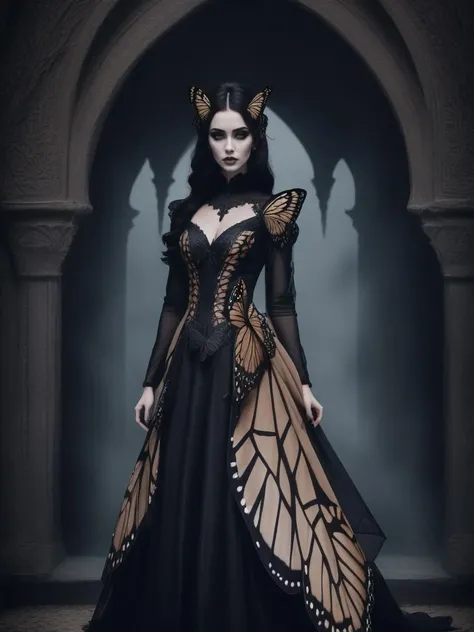 Gothic style a beautiful woman wearing a Camel (butterfly dress) in Moria, <lora:xl_butterfly_dress-1.0:0.8>, Waving, . Dark, mysterious, haunting, dramatic, ornate, detailed