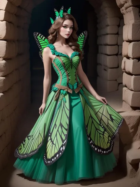 breathtaking a beautiful woman wearing a Girl Scout Green (butterfly dress) in Catacomb, <lora:xl_butterfly_dress-1.0:0.8>, Staggering, petticoat dress . award-winning, professional, highly detailed