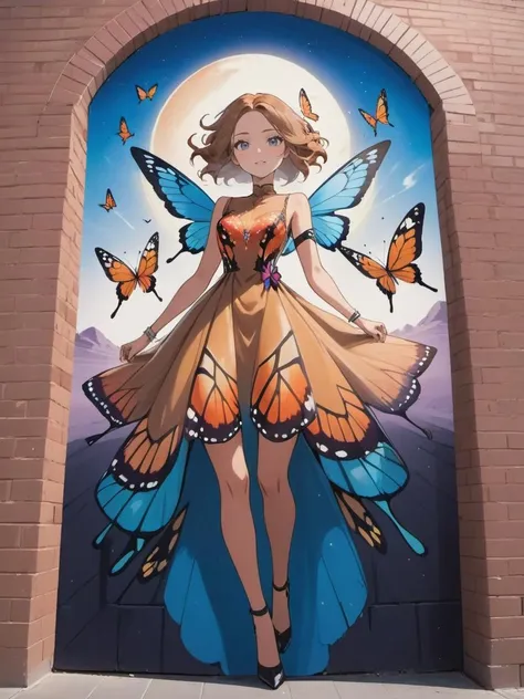 Graffiti style mural on a brick wall of a beautiful woman wearing a Caramel (butterfly dress) in Geonosis planet, <lora:xl_butterfly_dress-1.0:0.8>, Leaping, . Street art, vibrant, urban, detailed, tag, mural