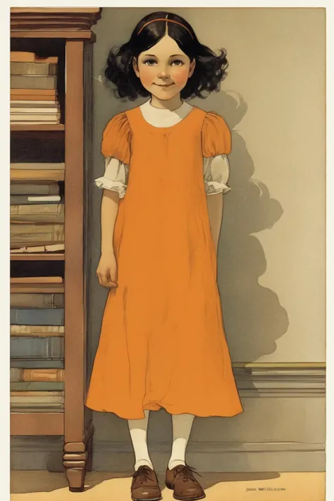 Jessie Willcox Smith Style - a girl of 8 years, black hair, orange dress, brown shoes, eyes shining with curiosity, in school, hang out with friends, bright and courageous, brave, bright smile, in style of Randolph Caldecott book illustration