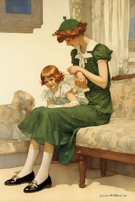 Jessie Willcox Smith Style - Jessie Wilcox Smith 1920s illustration of a little girl dressed up like peter pan and showing off her outfit to her mother sitting nearby by Jessie Wilcox Smith in the style of Jessie Wilcox Smith circa 1920s ultra-detailed high quality render resolution, mother and child Jessie Wilcox Smith historical style