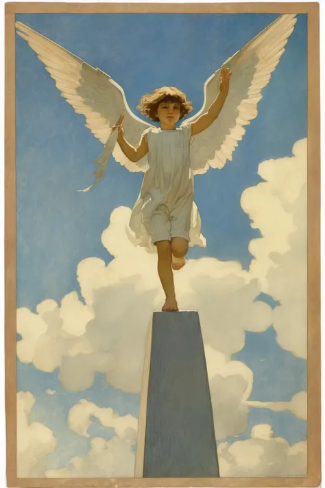 Jessie Willcox Smith Style - the flight of 15-year-old Icarus, obelisk in background, in the style of Jessie Willcox Smith
