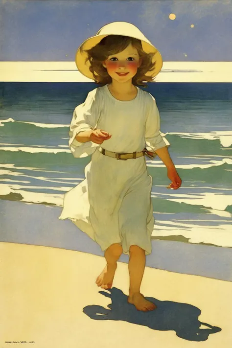Jessie Willcox Smith Style - kawaii, bright eyes, ethereal, happy, excited, cute, playful, simplistic, iconic, minimalistic, stylized, cheerful, RGB colors, bold, fun, absurdism, style of N.C. Wyeth, retro-futuristic beach environment