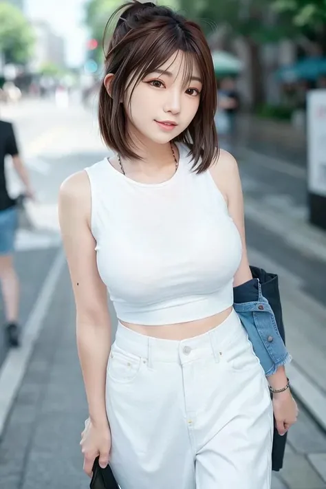 Tight white short-sleeved T-shirt showing the navel、(Slim Damaged Jeans)、sneakers、1 slender girl、Bob Hair、Brown Hair、Medium breast、Walking around town、Masterpiece 1.3、Raw photo、Masterpiece、Detailed Background、Pausla 1:5、bag、