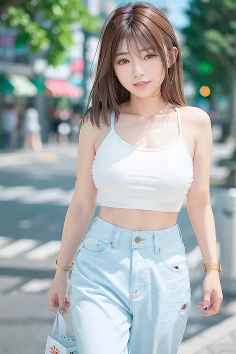 highest quality、Super high resolution、(Photoreal:1.4)、(Ulzzang-6500:0.4)、beautiful woman、japanese idol、25 years old、hair length、light brown hair、neat wavy hairstyle、normal breasts、realistic eyes, thin narrow eyeeautiful eyes、laughter、crop top、Tank top、wear see-through shirts、mini skirt、in the street、squat、thin、A thin、slender body line、Taken from diagonally above、bright