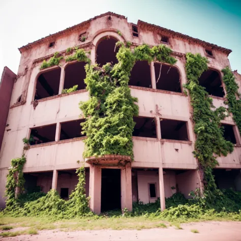 photo, an abandoned building with vines growing all over it (overgrown style:1) <lora:djzOvergrown_V21:1>