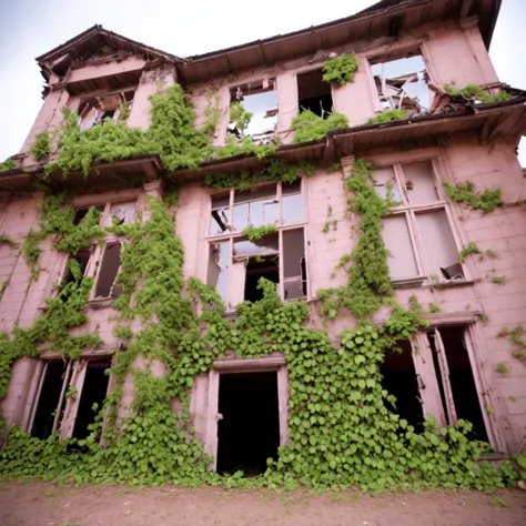photo, an abandoned building with vines growing all over it (overgrown style:1) <lora:djzOvergrown_V21:1>