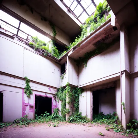 photo, an abandoned building with plants growing all over it (Overgrown style:1) <lora:djzOvergrownV21:1>