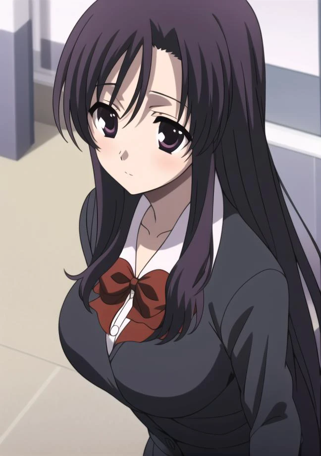 <lora:kotonoha-10:1>, kotonoha, long hair, purple eyes, purple hair, school uniform, red bow, large breasts, looking at viewer, black skirt, black jacket,