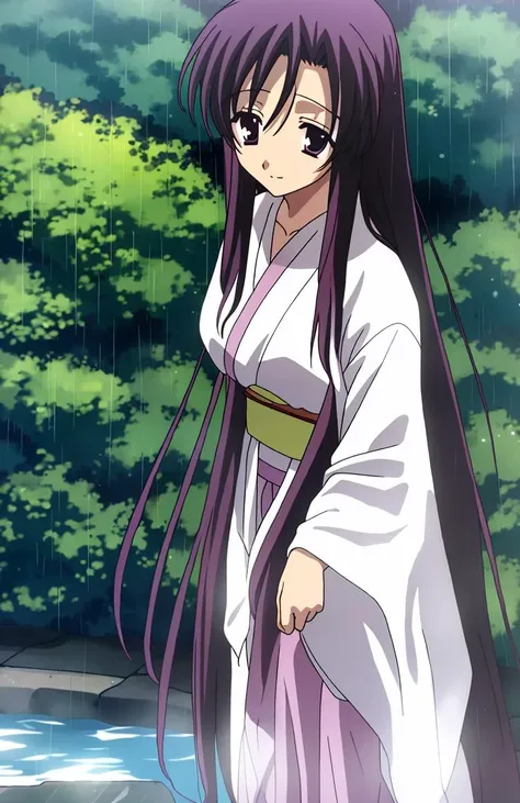 <lora:kotonoha-10:1>, kotonoha, long hair, purple hair, purple eyes, white kimono, wet clothes, rain, light smile,