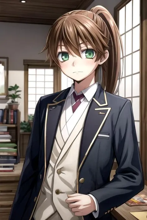 masterpiece, best quality, illustration, 1boy, solo, male focus, looking at viewer, upper body, , , , <lora:tsukishima_hybrid_child:0.72>, tsukishima_hybrid_child, brown hair, green eyes, long hair, ponytail, suit jacket, caps, science fiction time travel,