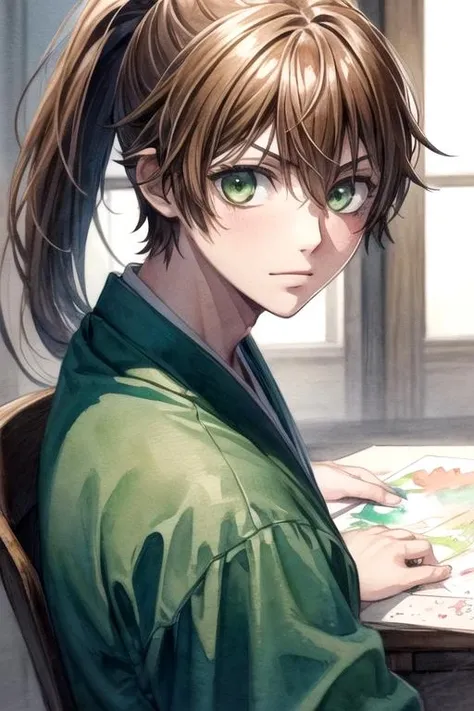 masterpiece, best quality, sketch, 1boy, solo, male focus, looking at viewer, , , (watercolor illustration, soft pastel colors:1.1), , <lora:tsukishima_hybrid_child:0.70>, tsukishima_hybrid_child, brown hair, green eyes, ponytail, , Mordor: A dark and evil land ruled by the dark lord Sauron,
