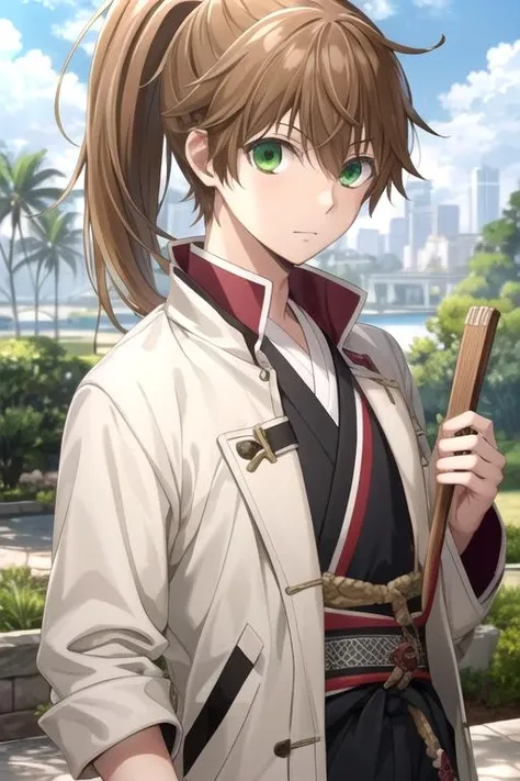 masterpiece, best quality, , 1boy, solo, male focus, looking at viewer, , , anime coloring, , <lora:tsukishima_hybrid_child:0.74>, tsukishima_hybrid_child, brown hair, green eyes, ponytail, , ,