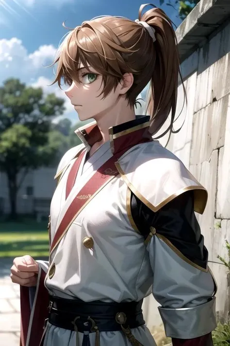 masterpiece, best quality, movie still, 1boy, solo, male focus, looking at viewer, upper body, , , , <lora:tsukishima_hybrid_child:0.70>, tsukishima_hybrid_child, brown hair, green eyes, ponytail, robot costume, ancient greece, 4k resolution