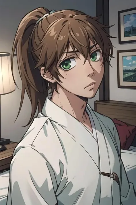 masterpiece, best quality, game cg, 1boy, solo, male focus, looking at viewer, upper body, depth of field, anime coloring, realistic, <lora:tsukishima_hybrid_child:0.72>, tsukishima_hybrid_child, brown hair, green eyes, ponytail, , , hotel room,
