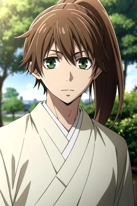 masterpiece, best quality, sketch, 1boy, solo, male focus, looking at viewer, upper body, depth of field, anime coloring, , <lora:tsukishima_hybrid_child:0.66>, tsukishima_hybrid_child, brown hair, green eyes, long hair, ponytail
