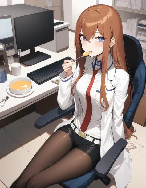 1girl, makise kurisu, solo, blue eyes, sitting in office chair, lab coat, red necktie, black shorts, pantyhose, legwear under shorts, eating pudding, spoon in mouth, looking at viewer, indoors, room, computer desk, unorganized room, highly detailed background, very aesthetic, best quality, <lora:steinsgate_makise_xl-000004:1>