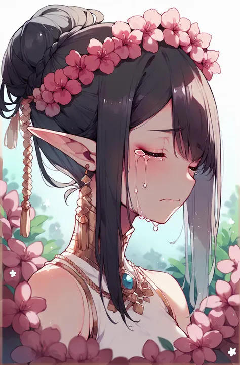 score_9,score_8_up,score_7_up,score_6_up,score_5_up,score_4_up 1girl,solo,black hair,hair ornament,jewelry,closed mouth,closed eyes,upper body,braid,flower,earrings,pointy ears,tears,hair bun,blurry,makeup,blurry background,single hair bun,crying,elf,portrait,head wreath <lora:nanoless_pony_v3:1>,