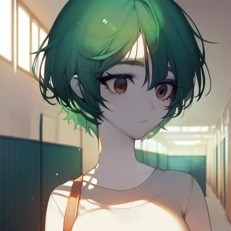 score_9_up, score_8_up, score_7_up, upper body, close-up, 1girl, short hair, green hair, brown eyes, pale skin, medium breasts, inside, at a gymnasium, <lora:nanoless_pony_v3:1>, source_anime