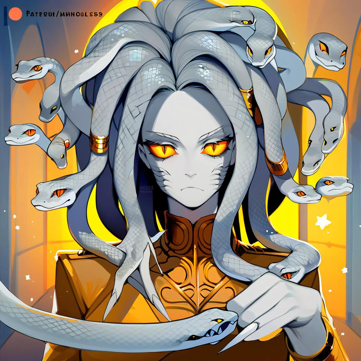 score_9_up, score_8_up, score_7_up, dynamic pose, portrait, headshot, 1girl, medusa, long hair, <lora:Lunas-Snake-Hair-SDXL-A1:1>, (snake hair), orange eyes, slit pupils, mole under eye, fair skin, grey snakes, (cheek scales:1.2), sharp nails, medium breasts, gold bracelet, , indoors, at an office, desk, <lora:nanoless_pony_v3:1>, source_anime