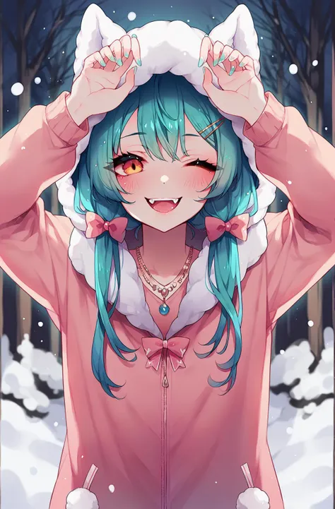 score_9,score_8_up,score_7_up,score_6_up,score_5_up,score_4_up source_explicit, 1girl,solo,long hair,looking at viewer,blush,smile,open mouth,bangs,hair ornament,long sleeves,bow,animal ears,twintails,jewelry,jacket,upper body,hair bow,one eye closed,teeth,hairclip,hood,necklace,nail polish,blurry,arms up,coat,fingernails,orange eyes,fur trim,eyelashes,aqua hair,depth of field,blurry background,fangs,;d,pink bow,hooded jacket,snow,hood up,backlighting,snowing,winter,aqua nails,fur-trimmed coat,fur-trimmed hood <lora:nanoless_pony_v3:1>,