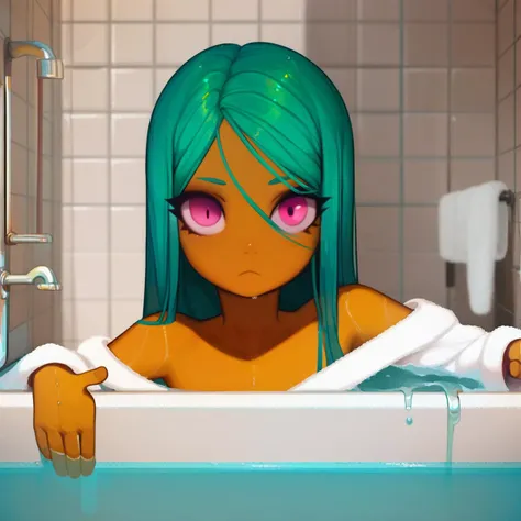 score_9_up, score_8_up, score_7_up, dynamic pose, portrait, headshot, depth of field, 1girl, long hair, green hair, Pompadour pink eyes, olive skin, small breasts, inside, in a bathroom, tile floor, bathtub, sink, rating_explicit, bathrobe, long sleeves, collarbone, wet hair, <lora:nanoless_pony_v3:1>, source_anime