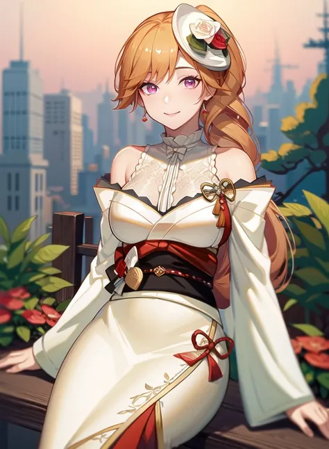 1girl,masterclass,best quality, ultra-detailed, illustration,RichelieuProphecy, smile,city, outdoors, center_frills,    drill_ponytail, floral_print, flower, frilled_kimono,   hat_flower, japanese_clothes,   mini_hat,   red_flower, red_rose, red_sash,   sash, side_drill,    white_kimono, wide_sleeves,  tilted_headwear, standing,    <lora:RichelieuD8V1_e6:1>