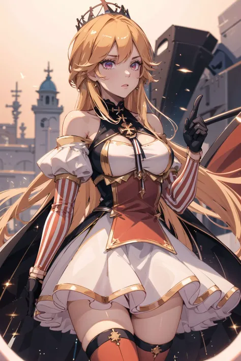 RichelieuDefault, black_gloves,crown, half_gloves, maltese_cross, off-shoulder_dress, puffy_detached_sleeves,red_thighhighs, striped_sleeves, very_long_hair, white_dress, zettai_ryouiki, short_dress, multicolored_dress, red_dress,
<lora:RichelieuD8V1_e6:1>,