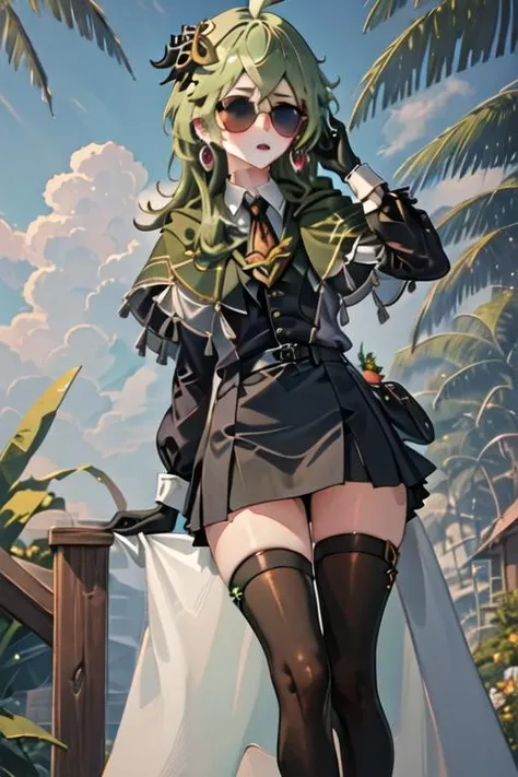 best quality, masterpiece, highres, solo, {black business suit:1.40}, {tie:1.20}, {sunglasses:1.25}, {white gloves:1.15}, {white shirt:1.10}, {black skirt:1.15}, {smoking:1.20}, handsome, {collei_genshin:1.15}, green_hair, bangs, purple_eyes, hair_ornament, hair_between_eyes, jewelry, capelet, earrings, ahoge, green_capelet, blush, crossed_bangs, medium_hair