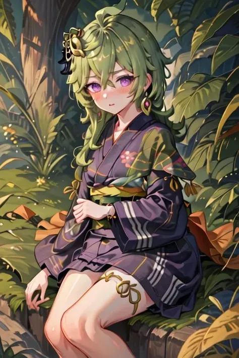 best quality, masterpiece, highres, solo, {yukata:1.40}, {kimono:1.20}, {collei_genshin:1.15}, green_hair, bangs, purple_eyes, hair_ornament, hair_between_eyes, jewelry, capelet, earrings, ahoge, green_capelet, blush, crossed_bangs, medium_hair