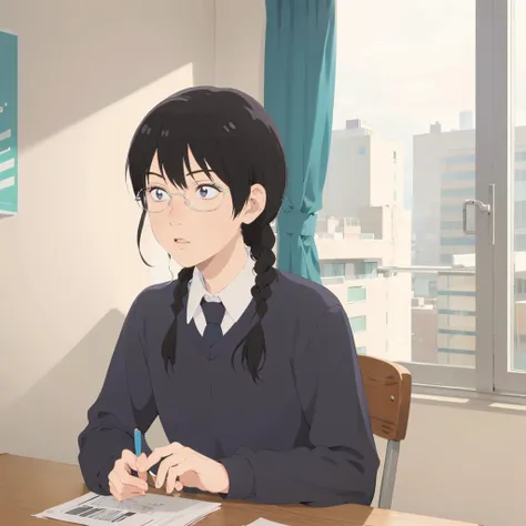 <lora:makoto_kurumeV1:0.7>,<lora:add_detail:-0.5>,<lora:boldline:-0.8>,<lora:noline:0.3>,
makoto_kurume,1girl,
opaque glasses,braid,black hair,
school uniform,