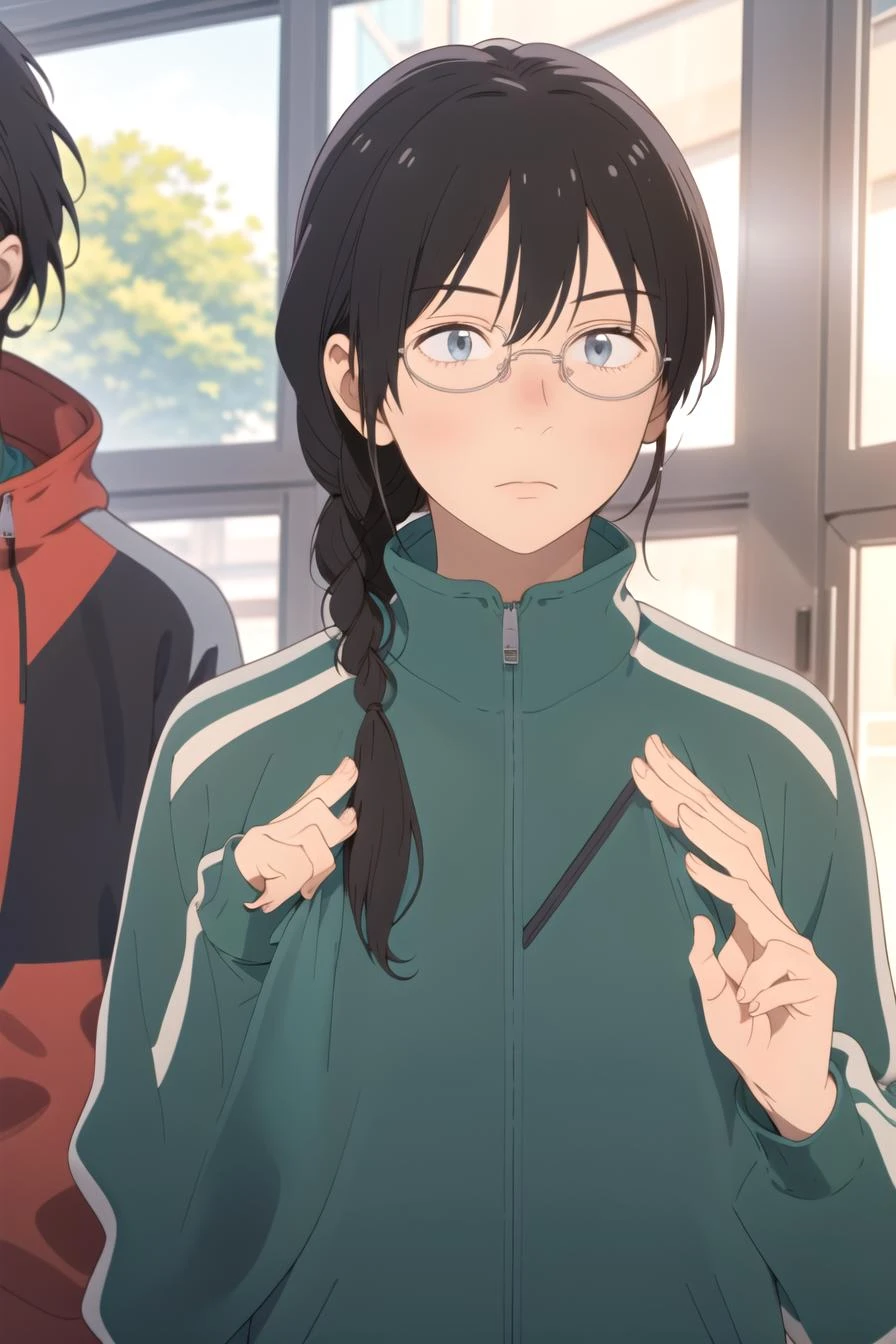 masterpiece, best quality, high quality, highres, high res, absurdres, ultra-detailed, best anatomy, detailed eyes, perfect eyes,
Mimicking picking up a heavy weight and dropping it,
makoto_kurume, opaque glasses, solo, 1girl, braid, black hair, jacket, glasses, track jacket, green jacket, track suit, track pants, no eyes, <lora:makoto_kurumeV1:0.85>
