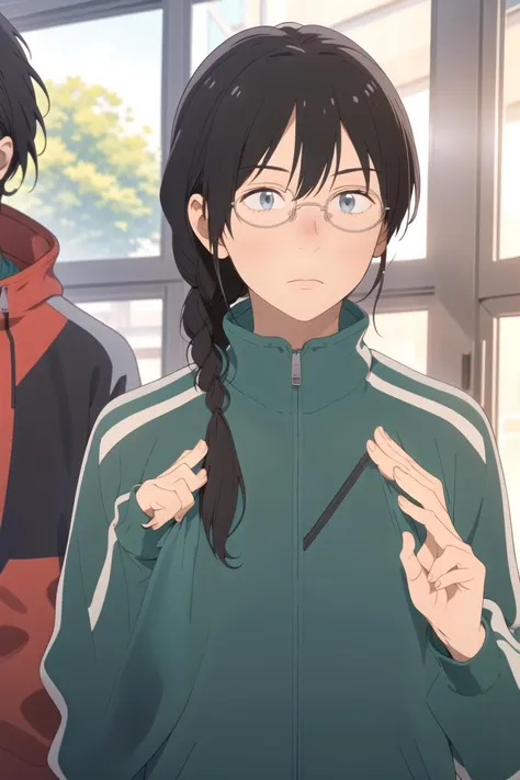 masterpiece, best quality, high quality, highres, high res, absurdres, ultra-detailed, best anatomy, detailed eyes, perfect eyes,
Mimicking picking up a heavy weight and dropping it,
makoto_kurume, opaque glasses, solo, 1girl, braid, black hair, jacket, glasses, track jacket, green jacket, track suit, track pants, no eyes,  <lora:makoto_kurumeV1:0.85>