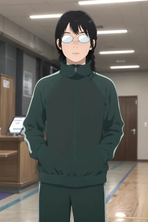 masterpiece, best quality, high quality, highres, high res, absurdres, ultra-detailed, best anatomy, detailed eyes, perfect eyes,
Leaning forward, hands braced on knees,
makoto_kurume, opaque glasses, solo, 1girl, braid, black hair, jacket, glasses, track jacket, green jacket, track suit, track pants, (no eyes:1.2), <lora:makoto_kurumeV1:0.85>
