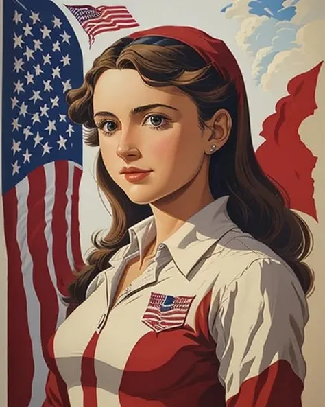 Draw a retro-style illustration of Lana Del Rey and the flag of the United States. Use cores suaves e elementos vintage, like a Polaroid camera with Lana's picture next to the flag, and add a yellowish light filter for a nostalgic touch.