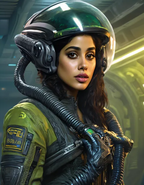 cinematic upper body portrait of janhvi kapoor as a (((woman from alien movie, dressed in ripley clothes))), realistic artwork by greg rutkowski, 4k, 135mm IMAX, <lora:JK-000007:0.64>