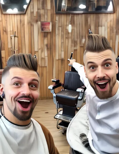 duo selfie pose, two barber men next to each other pointing to the side, a person sitting on a barber's chair with a terrible haircut in the background, inside an urban barbershop with wood walls, (shocked expressions:0.2), smiling <lora:sdxl_wojakpoint_v14-step00001100:0.95>