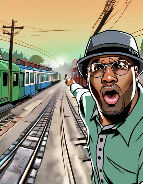 GTA San Andreas-style artwork selfie pose, Melvin "Big Smoke" Harris from GTA: San Andreas wearing a grey bowler hat and green shirt and pointing to the side, train and traintracks in the background, Los Angeles blue sky, excited expressions, open mouth, symmetrical composition . satirical, exaggerated, pop art style, vibrant colors, iconic characters, action-packed <lora:sdxl_wojakpoint_v14-step00001100:1.0>