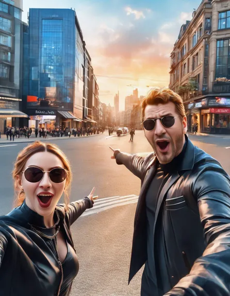 duo selfie pose, Neo and Morpheus next to each other, city street in the backgrond, shocked expressions, pointing to the side, cinematic lighting, highly detailed, breathtaking, photography, stunning environment, wide-angle <lora:sdxl_wojakpoint_v14-step00001100:0.95>