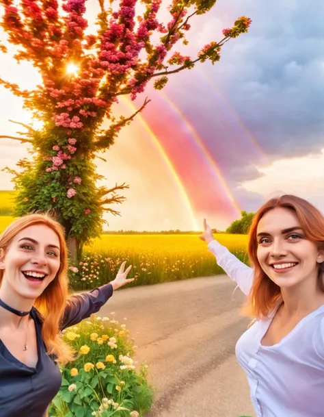 duo selfie pose, two women next to each other, double rainbow in the background, sunset, tree, field full of flowers, scenic rest stop,(happy expressions:0.5), ray tracing, RAW photo, amazing composition, <lora:sdxl_wojakpoint_v14-step00001100:0.95>