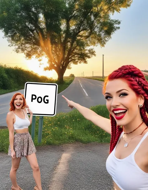 two women pointing at a warning road sign in front of a tree with bold legible text that says "POG AF", the woman on the right is pointing at the white sign that says "POG AF", the woman on the left is wearing a white top and has surprised expression on her face,masterpiece, best quality, gorgeous pale american cute girl, a sunset in the sky, smiling, bare shoulders, (crop top), red hair loose braided hair, short polca skirt, lean against a tree, field, flowers smiling, perfectly symmetrical face, detailed skin, elegant, alluring, attractive, amazing photograph, best quality, 8K, high quality, photorealistic, realism, art photography, Nikon D850, 16k, sharp focus, masterpiece, breathtaking, atmospheric perspective, diffusion, pore correlation, skin imperfections, DSLR, 80mm Sigma f2, depth of field, intricate natural lighting, looking at camara <lora:sdxl_wojakpoint_v8-step00000800:1.2:1.05>