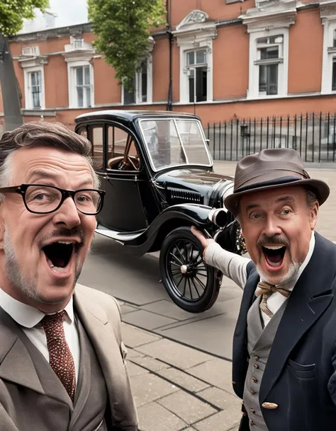 two happy Victorian men pointing at a Model T Ford automobile behind them, London, (sharp focus:1.2), extremely detailed, (photorealistic:1.4), (RAW image, 8k high resolution:1.2), RAW candid cinema, 16mm, color graded Portra 400 film, ultra realistic, cinematic film still, subsurface scattering, ray tracing, (volumetric lighting), <lora:sdxl_wojakpoint_v4-step00004200:1>
