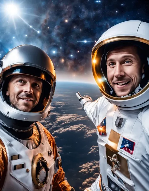 duo selfie pose, two happy men in spacesuits next to each other, the Planet Earth in the background, astronaut helmets, pointing to the side, award winning photograph, perfect composition, eclipse, extremely detailed, ray tracing, volumetric lighting, atmosphere <lora:sdxl_wojakpoint_v14-step00001100:1.1>