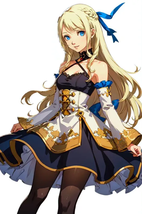  eqlc, 1girl, long hair, solo, evening dress(ornate dress), long dress, blonde hair, blue eyes, white gloves,lovely small breasts, flat chest, bow, bangs, covered navel, detached collar, a weary face, smile,parted lips, nose blush, blush, looking at viewer, in the livingroom,  standing, ,Sexy waist teasing, Full-body 