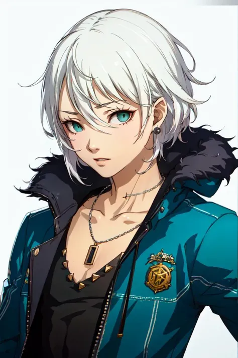 <lora:P4-Protraits-V2_Fp:0.75> simple background, portrait, transparent background, (white background),, absurdres, ultra detailed, masterpiece, best quality, aesthetic, detailed,, solo, 1boy, teal eyes, <lora:Tsurime3:1>, (tsurime:1.2), parted bangs, white hair, medium hair, straight hair, shoulder-length hair, male focus,, coat, shirt, pants, studded belt, multiple belts, combat boots, torn clothes, necklace, black coat, black and green theme,