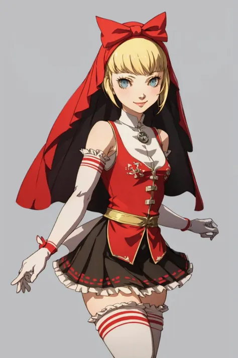 masterpiece, best quality, solo, 1girl, looking at viewer, smile, <lora:P4-Protraits-V2_Fp:0.8>, simple background,  <lora:Idun:1>, red dress, veil, bow, gloves, white thighhighs, skirt