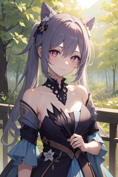 (masterpiece,best quality,highres,absurdres:1.4),detailed,wallpaper,perfect anatomy,pixiv id,colorful,
outdoor,nature,sunshine,forest,plant,leaf,tree,flower,
1girl,solo,(upper body),avatar,collarbone,happy,(makeup),seductive smile,presenting,temptation h,
beautiful hair,bangs,hair between eyes,
(looking at viewer,straight on),(bright pupils:0),(detailed pupils,beautiful pupils,glint:1.2),<lora:Keqing_20230417:1>,