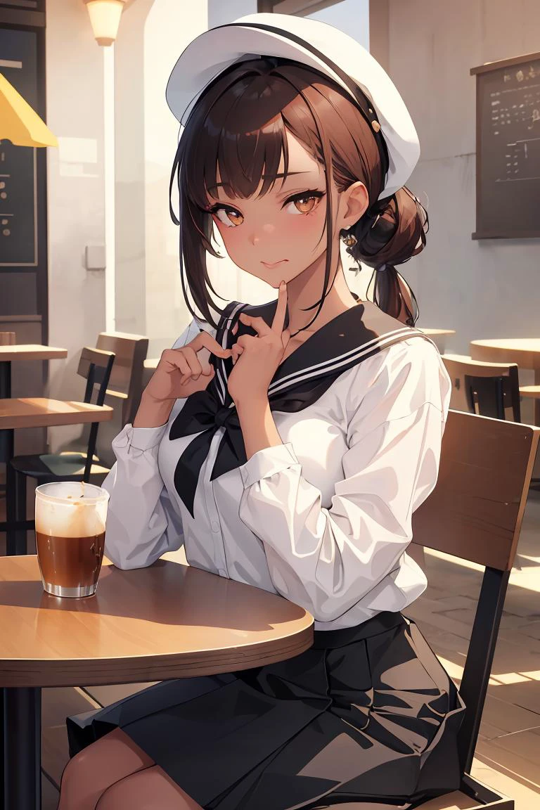 (masterpiece, best quality),female twenty-something, statuesque, sub-saharan african, gray eyes, downturned ears, dorsal hump nose, unique face shape, articulate fingers, , light auburn low ponytail hair, satisfaction wearing bermuda skirt, harness bra, sailor hat,, biting lip, biting the lower lip with a flirtatious expression, conveying playfulness and allure, silhouettes, characters outlined against a bright background, evoking intimacy without explicit details, a friendly neighborhood café, with cozy seating, friendly staff, and the aroma of freshly brewed coffee